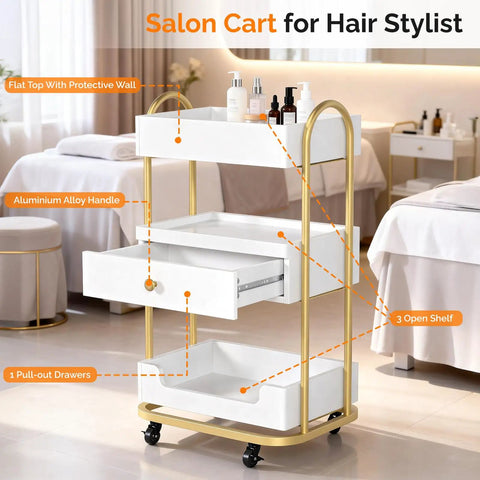 Salon Trolley Cart With Three Trays And One Drawer Mobile Hair Styling Station On Two Lockable Wheels in beauty spa setting