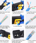 RJ45 Crimping Tool Ethernet Crimper for Cat6 Cat6a Cat5e Cat5 and RJ12 Ends Pass Through Connectors Compatible Includes 20 RJ45 Cat6 Connectors and Replacement Blades Pro Grade All In One Cable Termination Kit instructional steps
