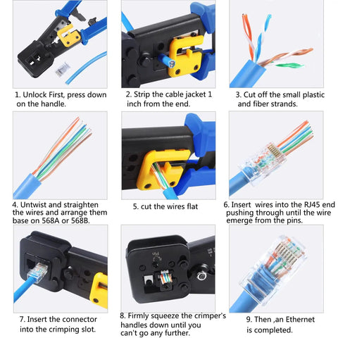 RJ45 Crimping Tool Ethernet Crimper for Cat6 Cat6a Cat5e Cat5 and RJ12 Ends Pass Through Connectors Compatible Includes 20 RJ45 Cat6 Connectors and Replacement Blades Pro Grade All In One Cable Termination Kit instructional steps