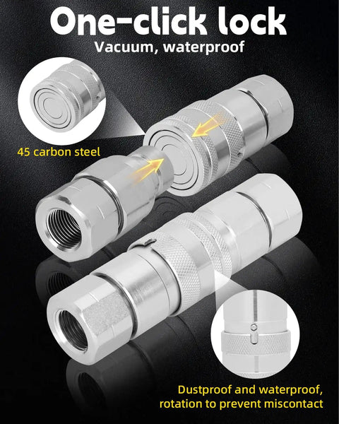 One Half Inch NPT Skid Steer Hydraulic Quick Connect Couplers With Two Dust Caps, Heavy Duty Leak Free Fittings ISO 16028