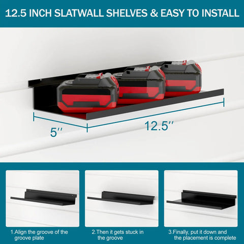 Heavy Duty Slatwall Shelves 6 Pack 12.5 Inch By 5 Inch Metal Wall Shelves For Garage, Retail, And Home Storage Black Finish Durable Steel Slat Wall Organizer Set