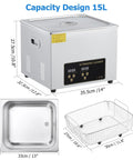 Pro 15 Liter Ultrasonic Cleaner Machine With Heater And Digital Timer, 15L stainless steel tank and basket for deep cleaning.