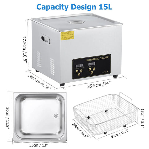 Pro 15 Liter Ultrasonic Cleaner Machine With Heater And Digital Timer, 15L stainless steel tank and basket for deep cleaning.