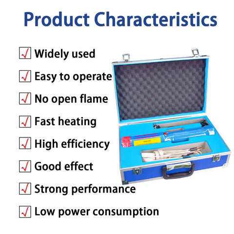 Heavy Duty 1000W Flameless Handheld Induction Bolt Extractor With Eight Spare Coils inside a blue case showing product features.