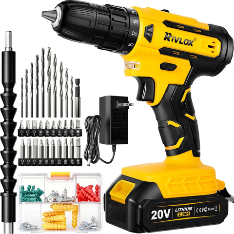 20V Cordless Drill Set With 2.0Ah Batteries, Pure Copper Motor, 30Nm Torque, 21 Plus 1 Clutch, Two Speed Settings, Built In LED Light, Home DIY Kit For Drilling And Driving Screws with 34 accessories visible