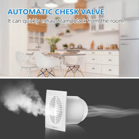 6 Inch Wall Exhaust Fan For Bathroom And Kitchen Ventilation, 116 CFM, Ultra Quiet Through-Wall Exhaust With Check Valve, 110V, 25W, White fan in kitchen setting with smoke illustration