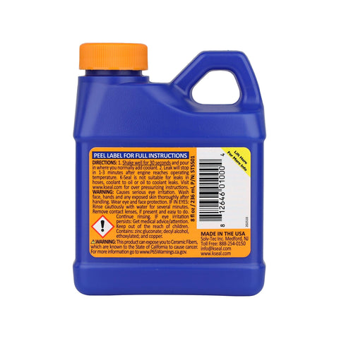 Back label of Pour And Go One Step Coolant Leak Repair For Radiator, Head Gasket, Freeze Plugs And More, 8 Oz Bottle