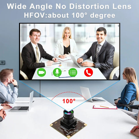 Global Shutter USB Webcam Module with 50FPS High Speed Capture for PC Use, wide-angle lens demonstrating no distortion in video call setting.