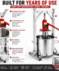 Heavy Duty Stainless Steel Hydraulic Fruit Press Juicer Squeezer Makes Juicing Apples Grapes Berries A Breeze For Homemade Cider Wine Cheese And Tinctures With Large Capacity Basket No Hassle High Pressure, 12L stainless steel press
