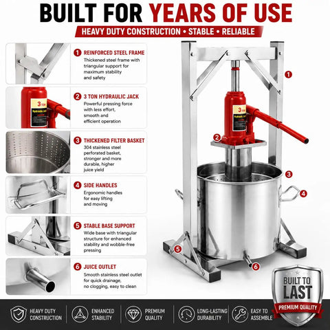 Heavy Duty Stainless Steel Hydraulic Fruit Press Juicer Squeezer Makes Juicing Apples Grapes Berries A Breeze For Homemade Cider Wine Cheese And Tinctures With Large Capacity Basket No Hassle High Pressure, 12L stainless steel press