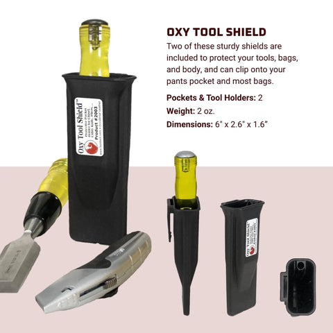 Stronghold Tool Case With 18 Pockets And Tool Holders Durable Leather Lined Interior Compact Upright Organizer For Pro Trades Keeps Tools Accessible And Ready To Roll Made In USA shown with Oxy Tool Shield, chisel, and knife.