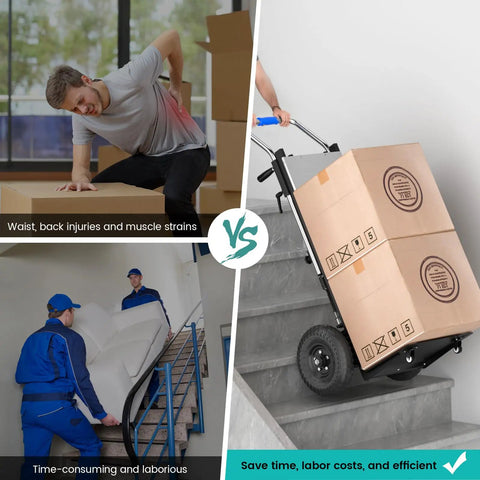 Electric Stair Climbing Dolly And Foldable Hand Truck With 1200W Motor Touch Control Panel for easy lifting of heavy boxes up stairs.