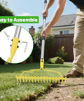 Heavy Duty Bow Rake For Leaves And Lawn Care, 6 Ft Metal Rake With 17 Tines And Stainless Steel Handle in use on grass