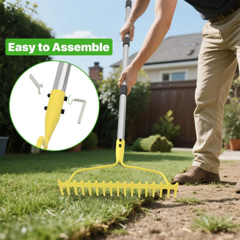 Heavy Duty Bow Rake For Leaves And Lawn Care, 6 Ft Metal Rake With 17 Tines And Stainless Steel Handle in use on grass