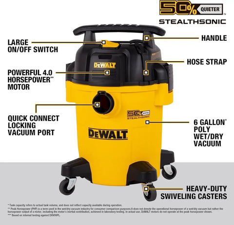 Pro Grade Stealthsonic 6 Gallon Wet Dry Shop Vacuum Ultra Quiet 4 Peak HP For Jobsite And Workshop With Whisper Quiet Performance
