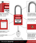 OSHA Compliant Pro Grade Electrical Lockout Tagout Kit with 34 Devices featuring red padlock and key, close-up detail