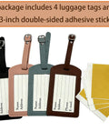 Four Pack No Fuss Needlepoint Luggage Tags Featuring Slick Faux Leather Shell And Crystal Clear Id Window, includes tags and adhesive stickers.