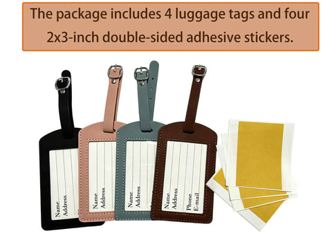 Four Pack No Fuss Needlepoint Luggage Tags Featuring Slick Faux Leather Shell And Crystal Clear Id Window, includes tags and adhesive stickers.