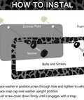 Leopard Print License Plate Frame Two Pack Aluminum Car Tag Frames With Screws Caps Front End Decor For Vehicles Durable Corrosion Resistant Auto Accessory installation diagram with washer and bolts.