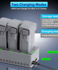 Mini 4 Pro 100W Fast 3 Way Charging Hub For DJI Mini 5 Pro, Mini 4 Pro, and Mini 3 Pro, displaying two charging modes.