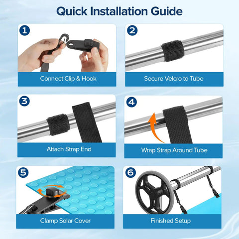 Installation guide showing steps for Heavy Duty Universal Pool Solar Cover Strap Kit Ten Sets Rock Solid Blanket Attachment Clips.
