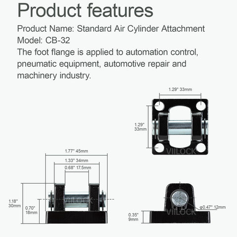 Heavy Duty Pneumatic Air Cylinder Mounting Bracket CB32 with SC32 foot flange for automation control, front view with dimensions