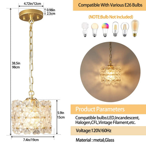 Diagram of Dope Gold Crystal Pendant Light With Adjustable Cord Modern Hanging Ceiling Fixture, dimensions and bulb types