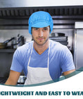 Five Piece Anti Static Work Caps Blue Bouffant Hair Nets Lightweight Mesh Headcaps in a kitchen setting.
