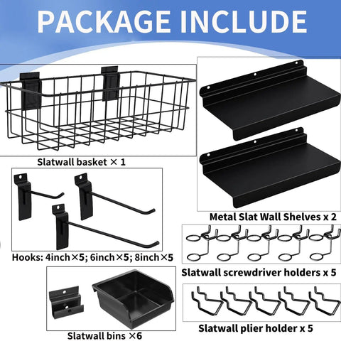 40 Piece Slatwall Accessories Kit With Two Shelves, Six Storage Bins, Bin Hooks, Fifteen Slatwall Hooks, Basket, Holders Image