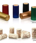Top Shelf Setup Featuring 120 Natural Wine Bottle Corks Paired With 120 Heat Shrink Capsule Seals in various colors and designs.