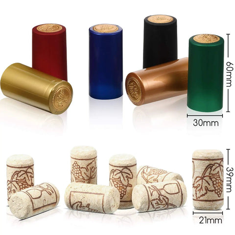 Top Shelf Setup Featuring 120 Natural Wine Bottle Corks Paired With 120 Heat Shrink Capsule Seals in various colors and designs.