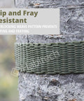 250 Ft Tree Tie Strap For Staking And Guying, 1800 Lb Strength, Olive Green close-up showing weave pattern around tree trunk