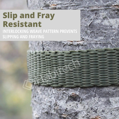 45 Foot Tree Tie Strap For Staking And Guying, Ultra Strong 1800 Lb Capacity wrapped around a tree, olive woven webbing