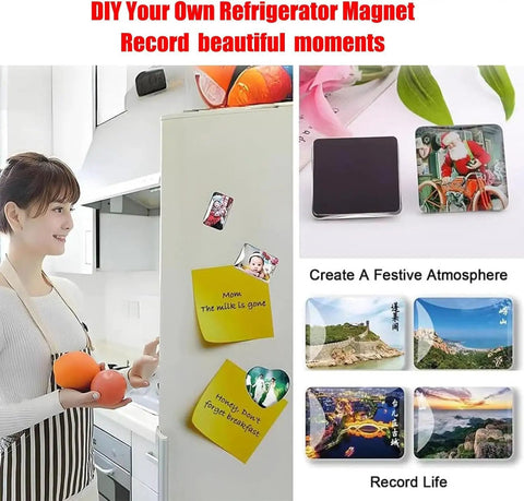 Woman near fridge with 100 Set Rectangle Fridge Magnet Maker Kit with 3.15x2.1 inch press supplies for DIY photo magnets.