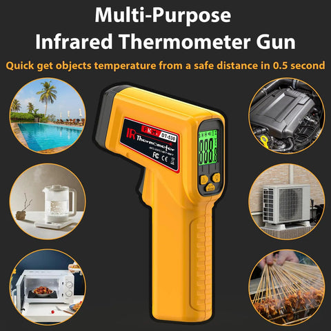 Infrared No Contact Temperature Gun For Cooking And DIY Laser Thermometer For Grilling Fryers Candy Making And Pool Spa Care Reads Surface Temps From Minus 58 To 986 Degrees Fahrenheit Not For Human Or Animal Use yellow handheld thermometer with LCD and cooking, pool, HVAC icons
