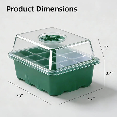 Seed Starter Kit 10 Pack With Humidity Dome And 120 Cell Propagation Trays Base, dimensions shown on mini greenhouse