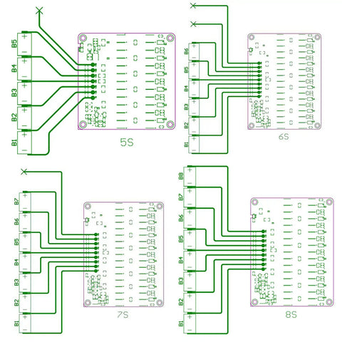 Diagram of 8S 5A Active Equalizer Balancer for LiPo LiFePO4 LTO Batteries 6S 7S with circuit connections and layout