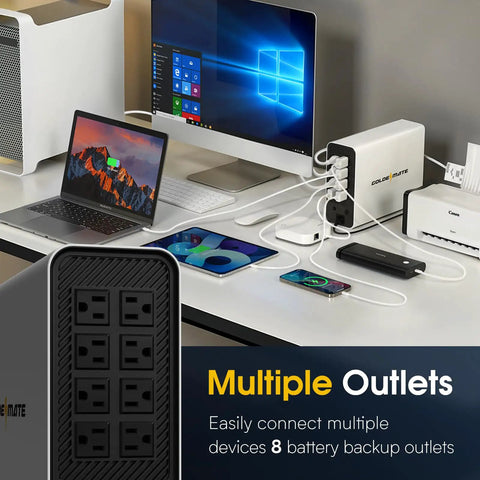 Long-Life LiFePO4 UPS With Pure Sine Wave 1000VA 800W Battery Backup And Surge Protector 230.4Wh Capacity 8 Outlets LCD Display Quiet Operation Upgraded Version For Home And Office Power Stability That Just Works powering office devices