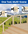 Upgraded Multi Angle Cable Railing Drill Guide Jig For 30 45 90 Degree Angles DIY Friendly Drilling Template With Four Size Options For Horizontal Wood Posts Makes Cable Railing Install Quick Precise And Simple on a wooden deck railing.