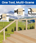 Precision Multi Angle Drill Guide Jig With Laser Engraved Lines And Four Spare Bits For Spot On Accuracy Every Time demonstrating use at 30, 45, and 90-degree angles on wood steps.