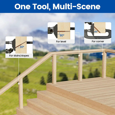 Precision Multi Angle Drill Guide Jig With Laser Engraved Lines And Four Spare Bits For Spot On Accuracy Every Time demonstrating use at 30, 45, and 90-degree angles on wood steps.