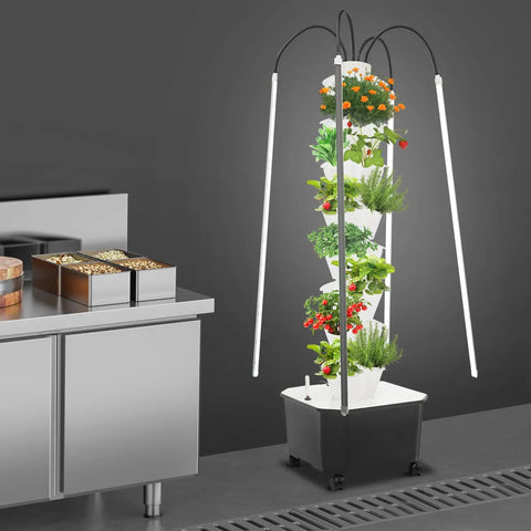 40 Pod Smart Indoor Hydroponic Garden Tower With Full Spectrum LED Grow Light and Recirculating Water System in kitchen
