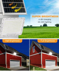 Beast Bright 300W Solar Flood Light with 24000 Lumens IP67 Waterproof Outdoor Security Lighting shows full and half brightness.