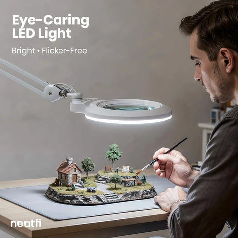 Person using XL Bifocal LED Magnifying Lamp With 7 Inch Acrylic Lens 2.25x And 6x Magnification, 1600 Lumens Dimmable for crafting model