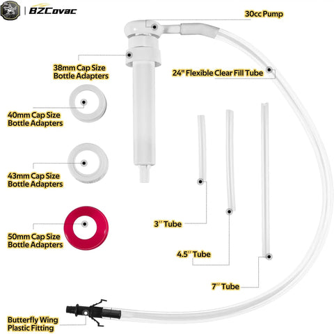 Heavy Duty 30Cc Hand Oil Transfer Pump For Gear Oil Differential Fluide And Antifreeze With Flexible Tubing Auto Fluid Kit components including pump, tubes, and bottle adapters.