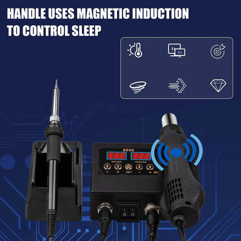 Dual Function Soldering Station With Hot Air Rework Kit 2 In 1 Digital Display Iron For Electronics Repair Portable SMD Rework Station 8898 Style Celsius And Fahrenheit Readout Auto Sleep And Easy Setup with magnetic induction handle shown.