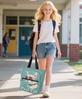 Girl carrying Cool Cat Sunglasses Tote Bag For Book Lovers With Zipper Pocket, walking at school.