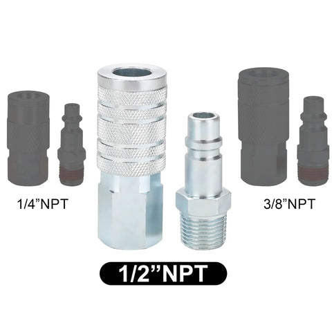 Heavy Duty 1/2 Inch Quick Connect Air Fittings Kit with High Flow Performance showcasing zinc-plated steel coupler and plug