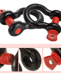 Six Piece Five Eighths Inch D Ring Shackles Heavy Duty Screw Pin Clevis For Towing And Off Road Recovery, Working Load Limit 3.25 Ton, Break Strength 13 Ton, Set Of Six. Close-up of black shackle with red screw pin, showing threading detail.