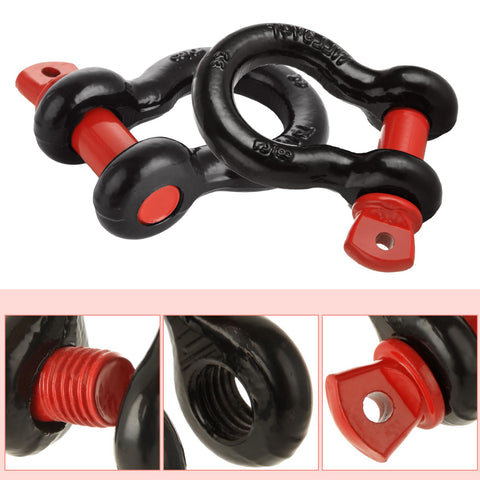 Six Piece Five Eighths Inch D Ring Shackles Heavy Duty Screw Pin Clevis For Towing And Off Road Recovery, Working Load Limit 3.25 Ton, Break Strength 13 Ton, Set Of Six. Close-up of black shackle with red screw pin, showing threading detail.